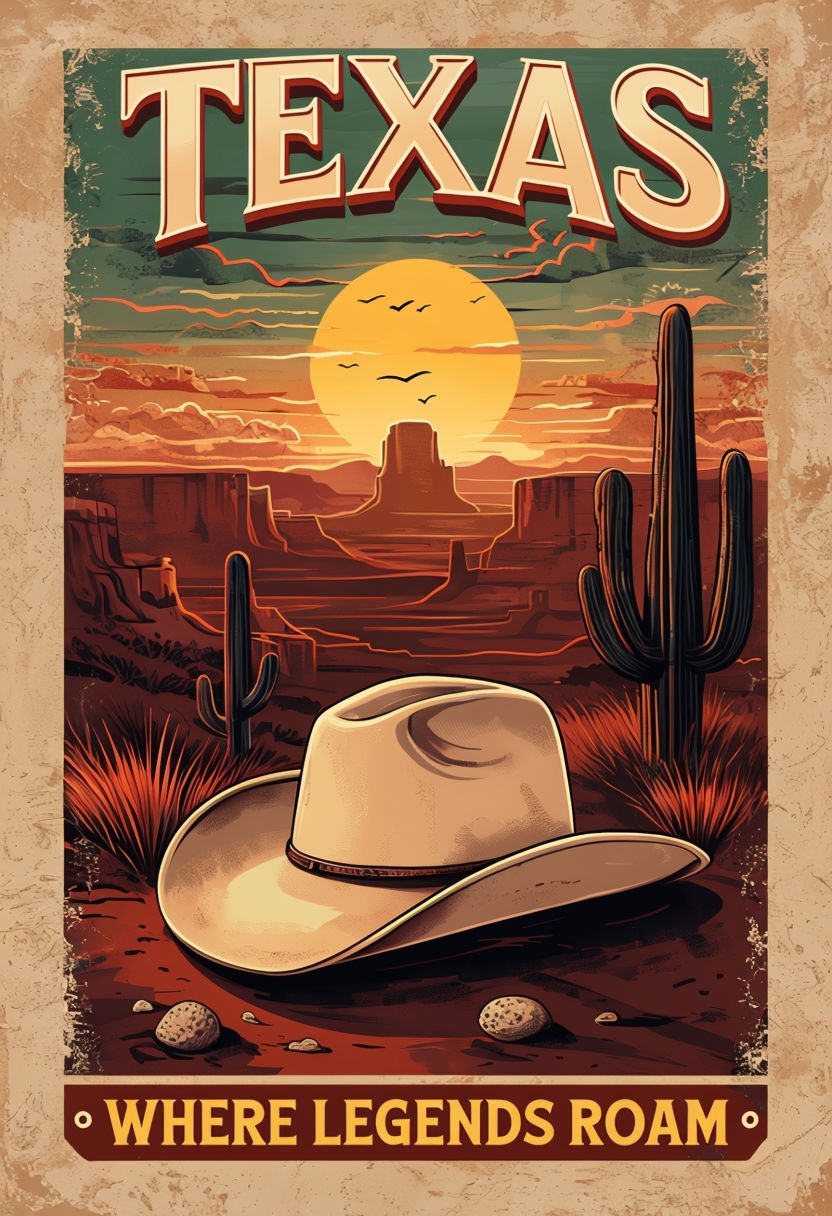 Vintage Texas Desert Adventure Poster with Cowboy Hat and Cacti