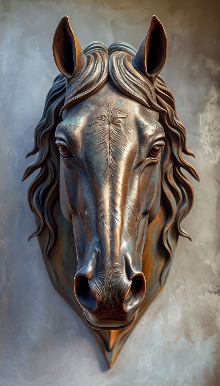 Intricately Detailed Antique Bronze Horse Head Wall Sculpture Art