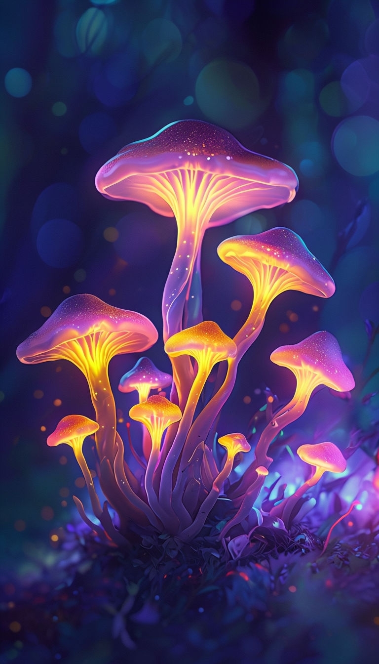 Ethereal Glowing Mushrooms Against Mystical Blurred Background Mobile Wallpaper