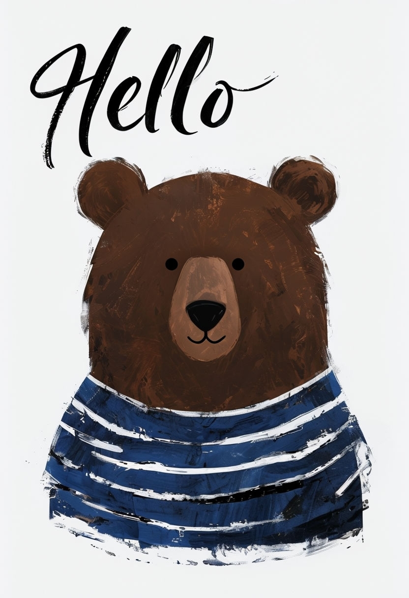 Friendly Brown Bear Illustration with 'Hello' Text Poster