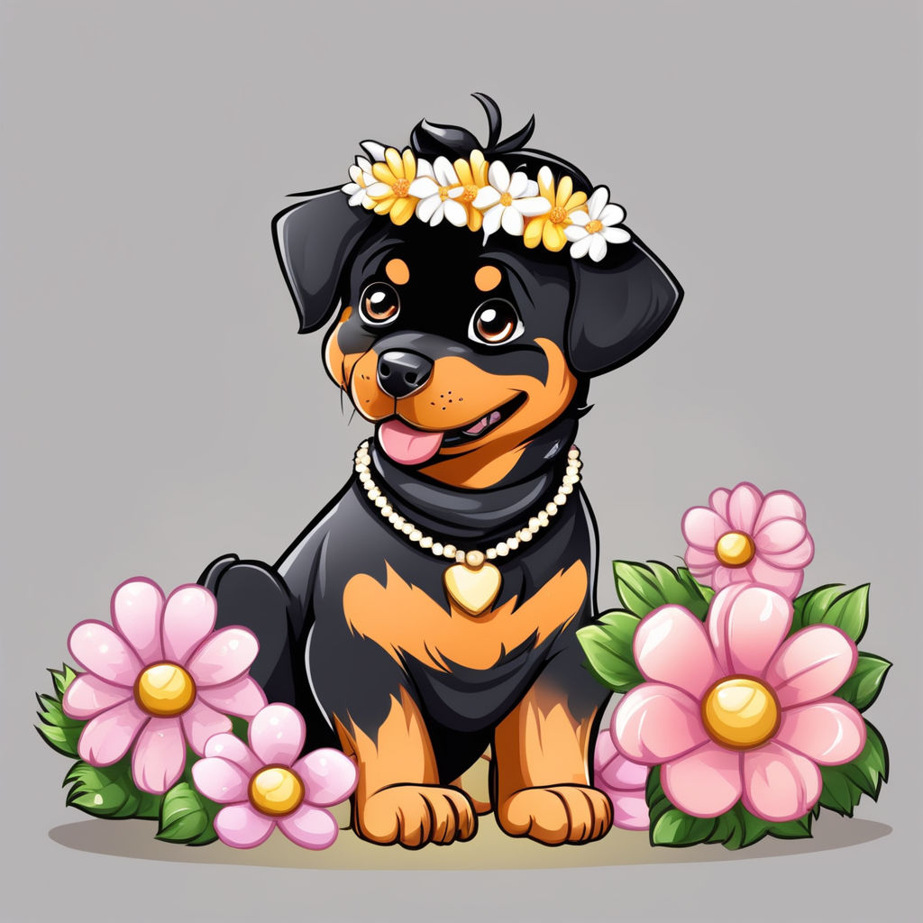 Prompt: t-shirt design, one single cartoon dog kid,  young female dog, dog sitting on ground, dog wearing flower crown, dog wearing flowery skirt, young rottweiler , cute look, airbrush style, blank transparent background, only one dog,  centered on blank background