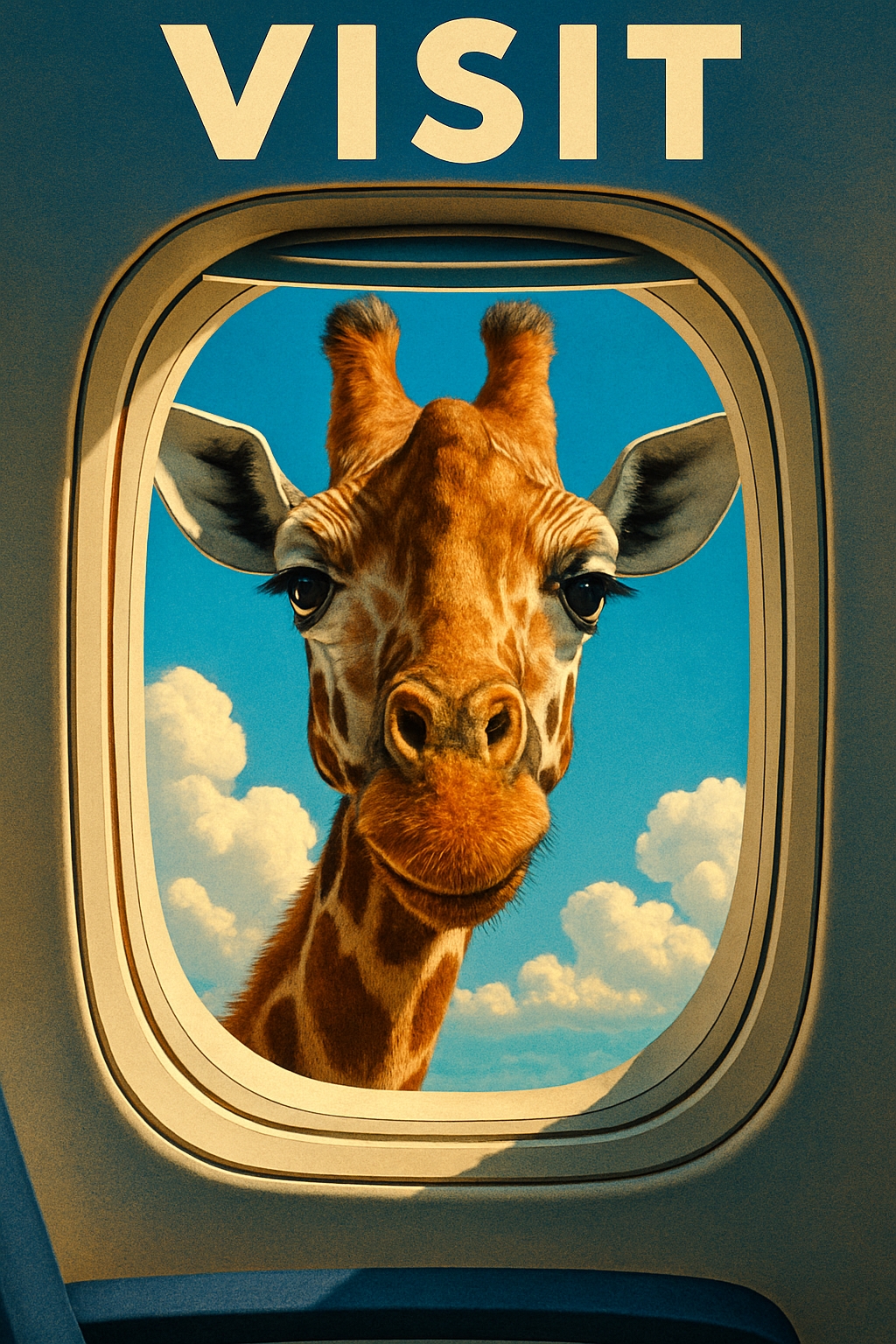 Curious Giraffe Peering Through Airplane Window Travel Poster