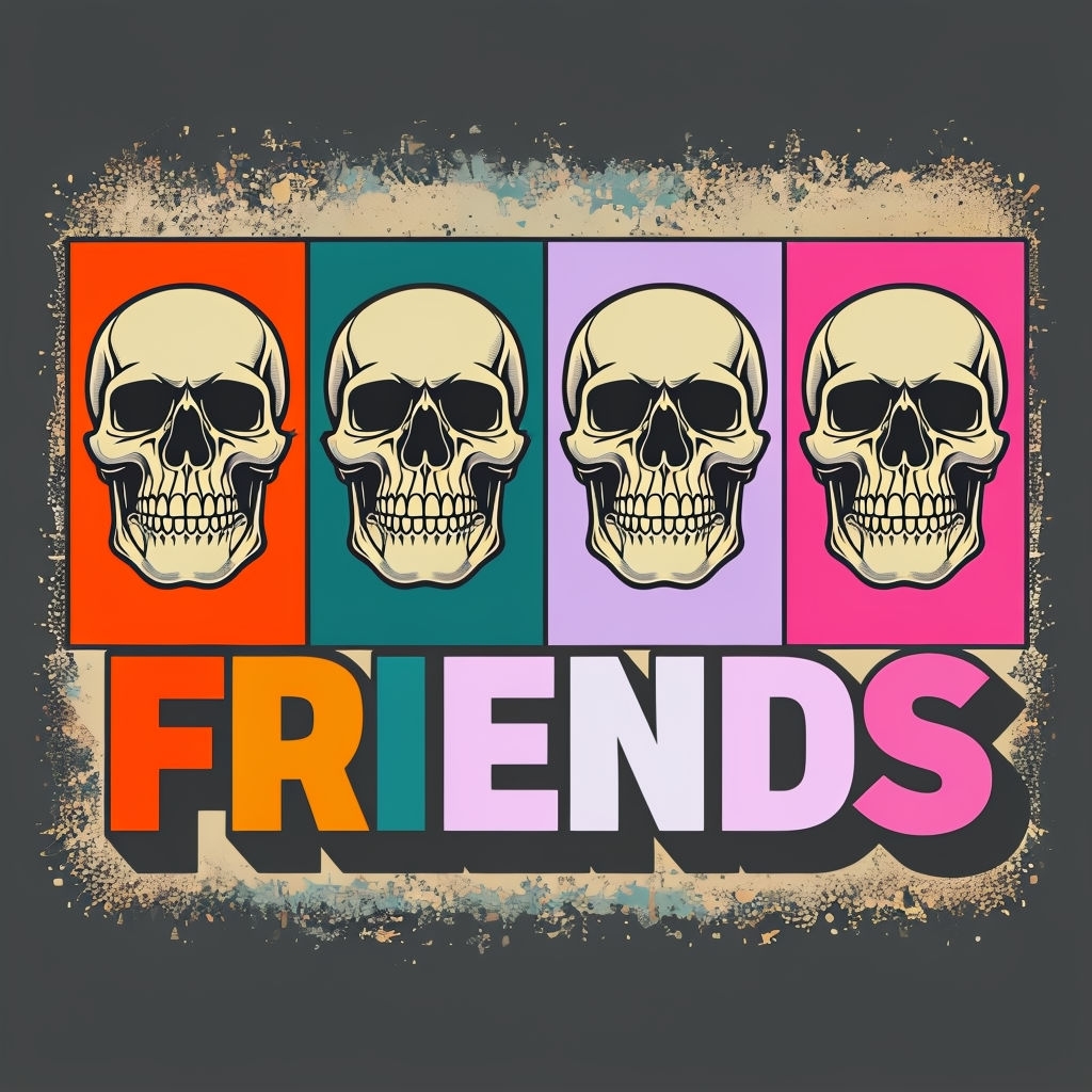 Vibrant Pop Art Skull Illustration with Friends Text Poster