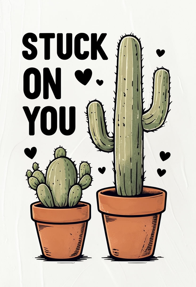 Stuck on You Cartoon Cacti Illustration for Love Notes Card