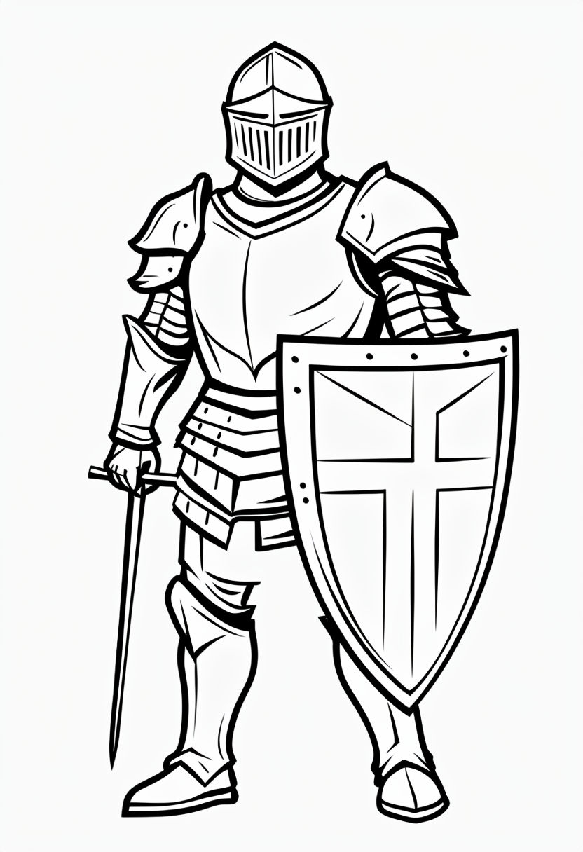Brave Knight in Bold Armor Line Drawing Coloring Book Pages