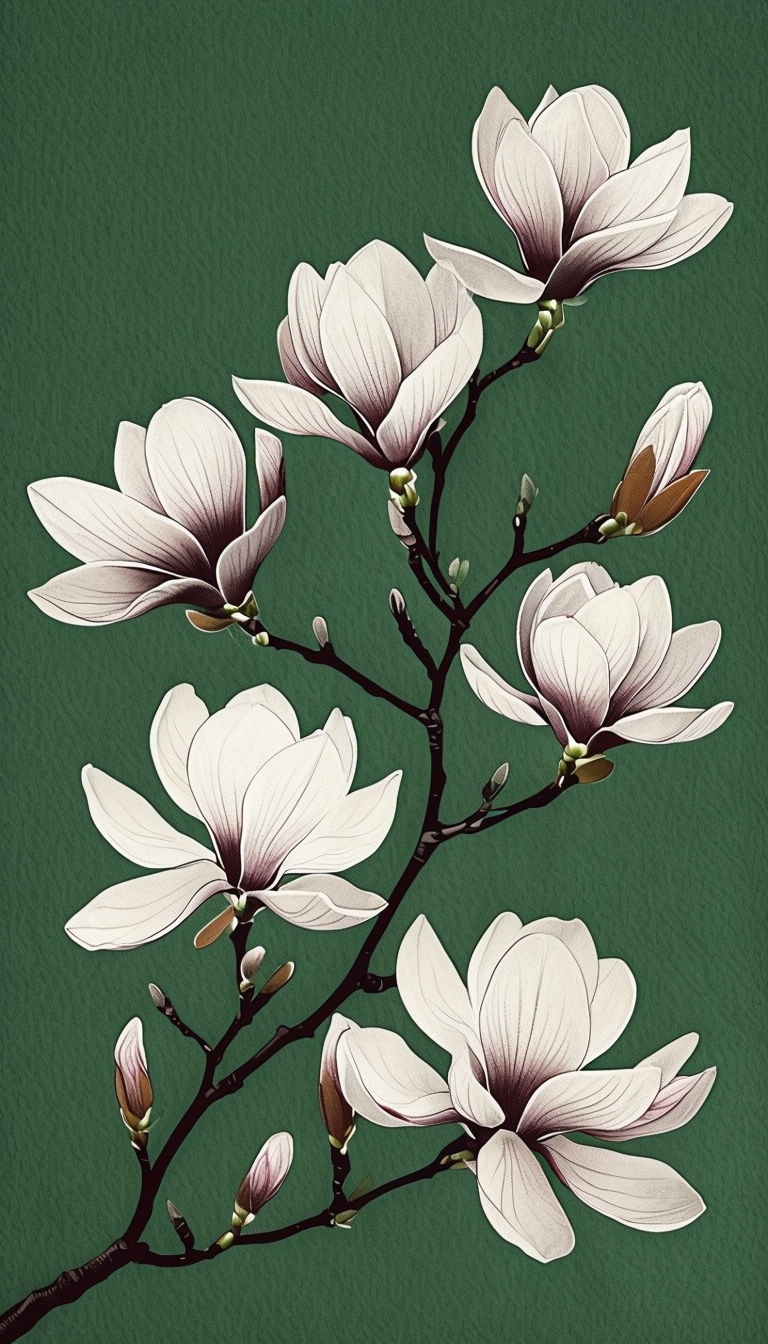 Minimalist Magnolia Flowers Branch Design on Forest Green Phone Case Cover