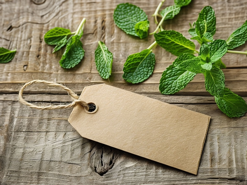 Rustic Brown Paper Tag with Fresh Mint Leaves Mockup