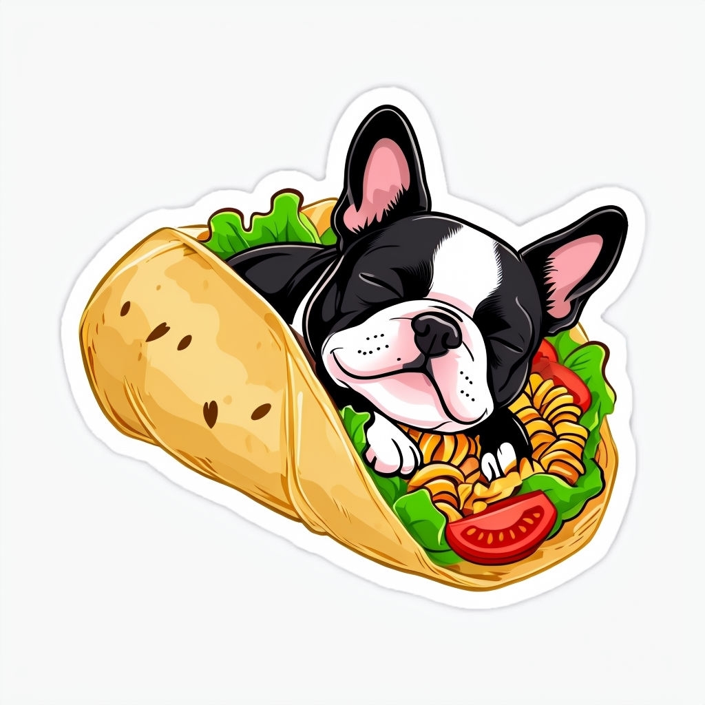 Cartoon Boston Terrier Sleeping in Burrito Sticker