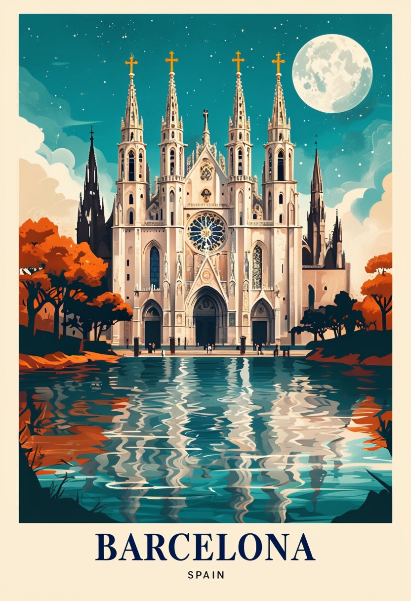 Gothic Cathedral in Barcelona Under the Stars Illustration Poster