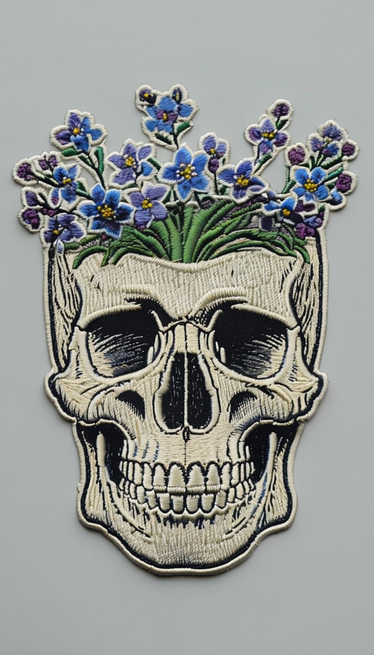 Intricate Skull Embroidered Patch Design with Floral Crown Phone Case Cover