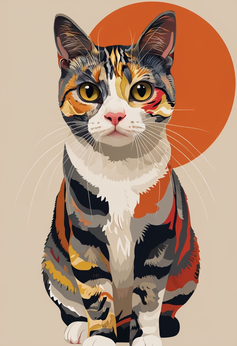 Curious Calico Cat Illustration with Striking Patterns Art