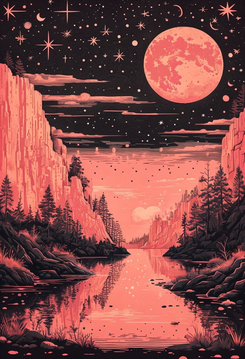 Ethereal Nighttime Landscape with Coral Pink Moon Illustration Art