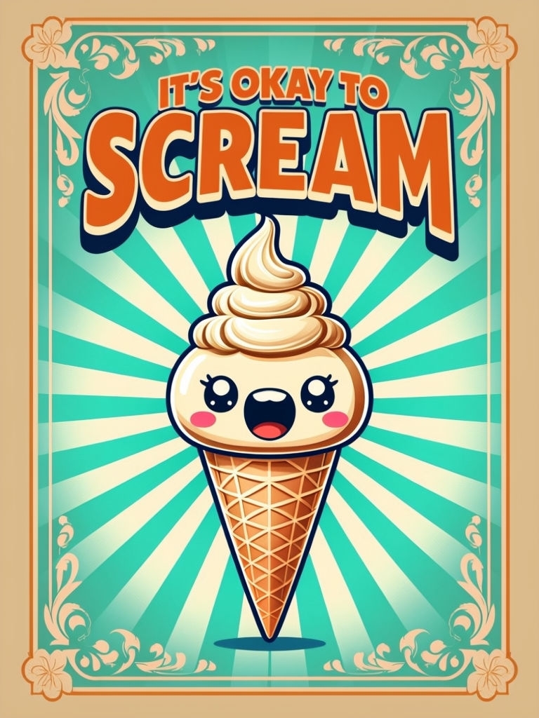 Playful Ice Cream Cone Character with Fun Scream Quote Poster