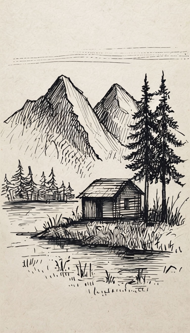 Serene Hand-Drawn Landscape with Cabin and Mountains Phone Case Cover