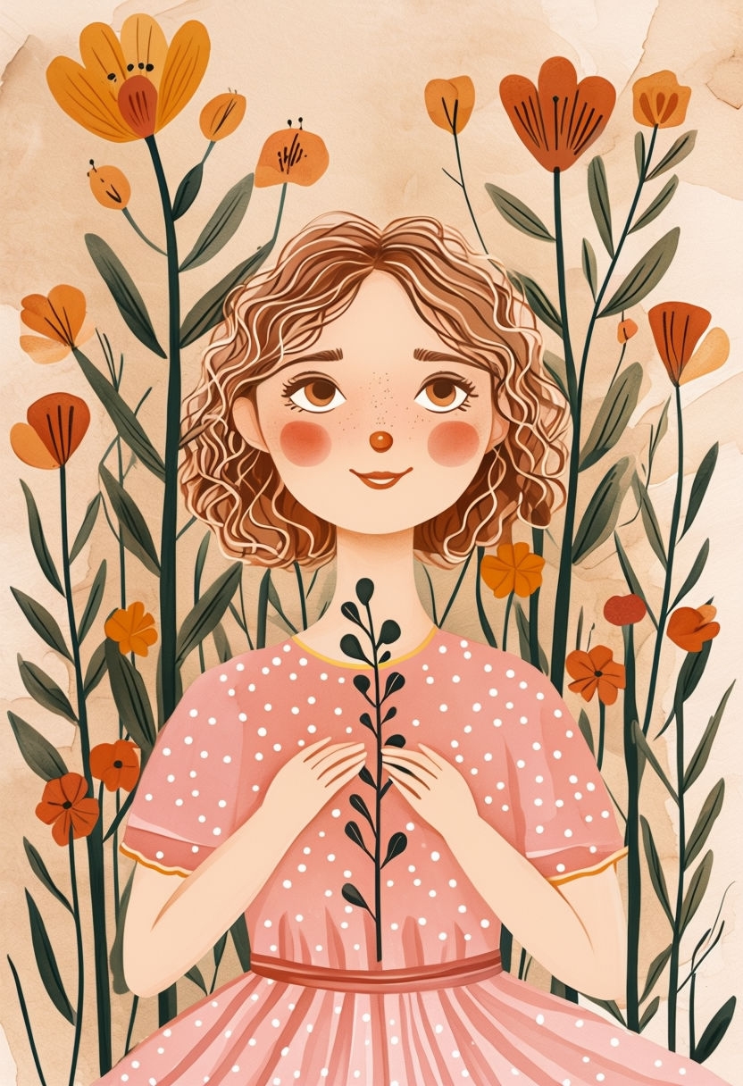 Whimsical Folk Art Woman Surrounded by Flowers Poster