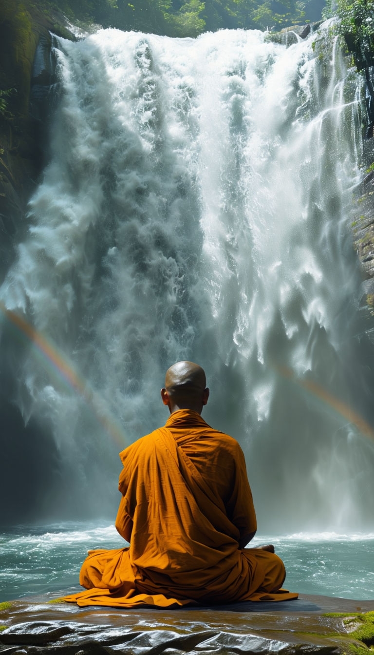 Serene Monk Meditating Before Dramatic Waterfall Art