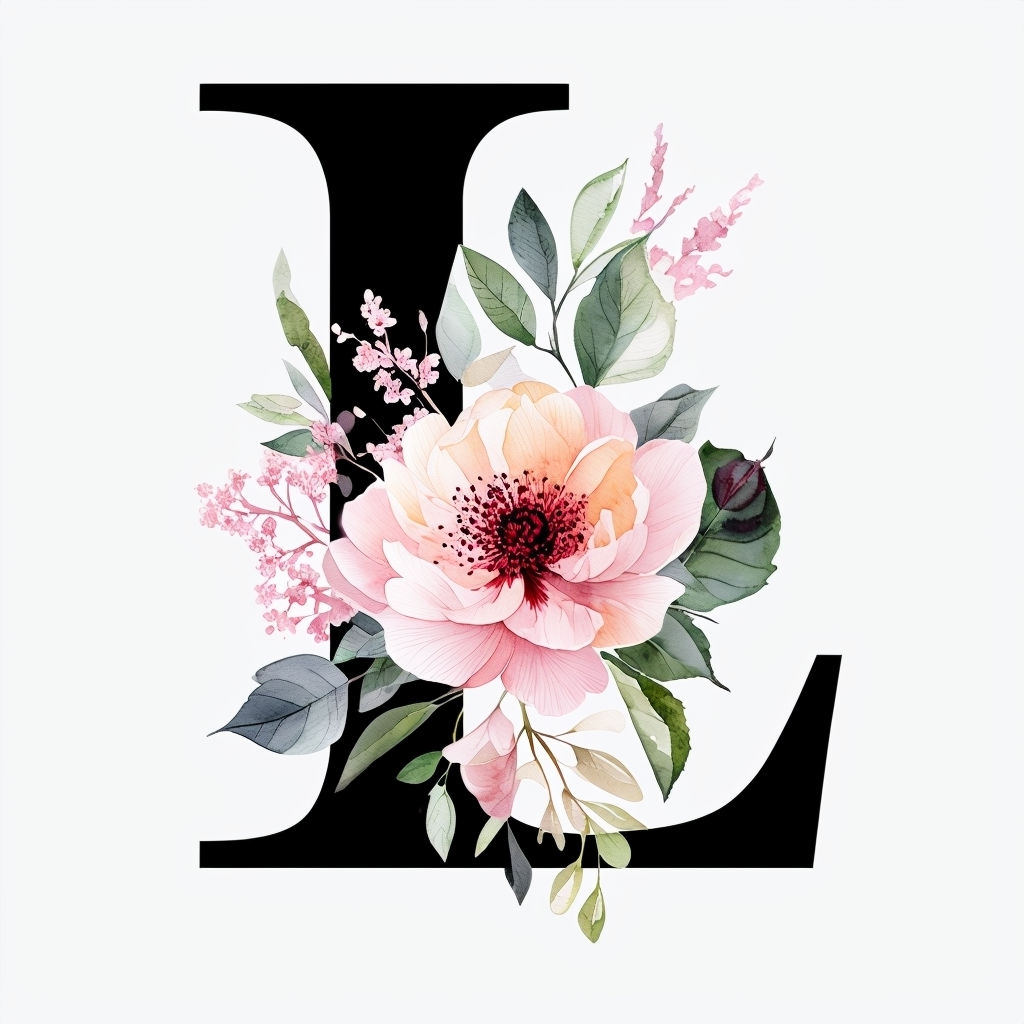 Elegant Black Letter L with Watercolor Floral Design Monogram