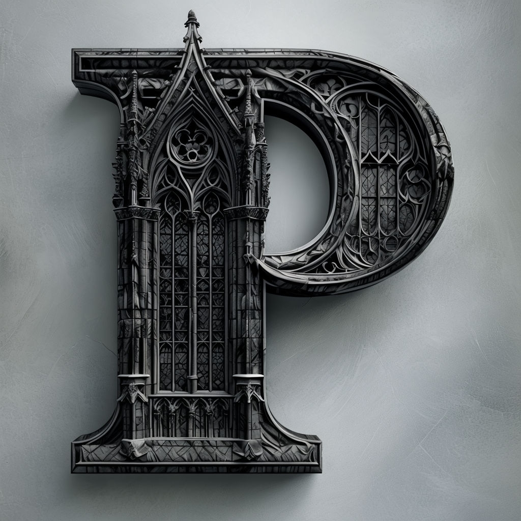 Gothic Architectural Letter P Design on Gray Background Monogram