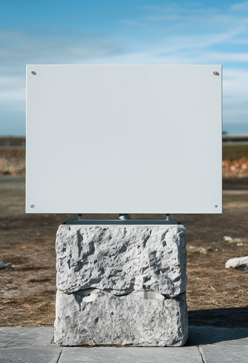 Photorealistic White Sign on Stone Base Outdoor Mockup