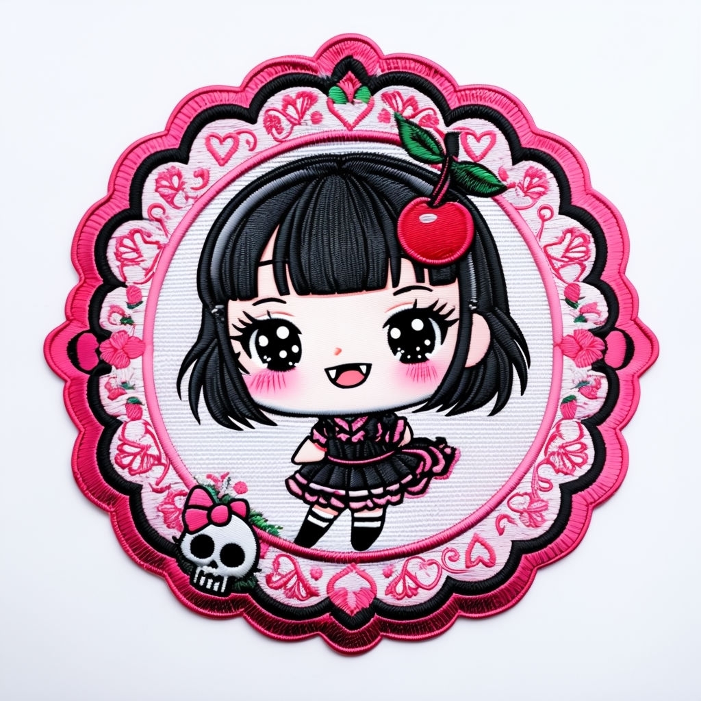 Cute Chibi Cartoon Character Cherry Bow Patch Design T-Shirt