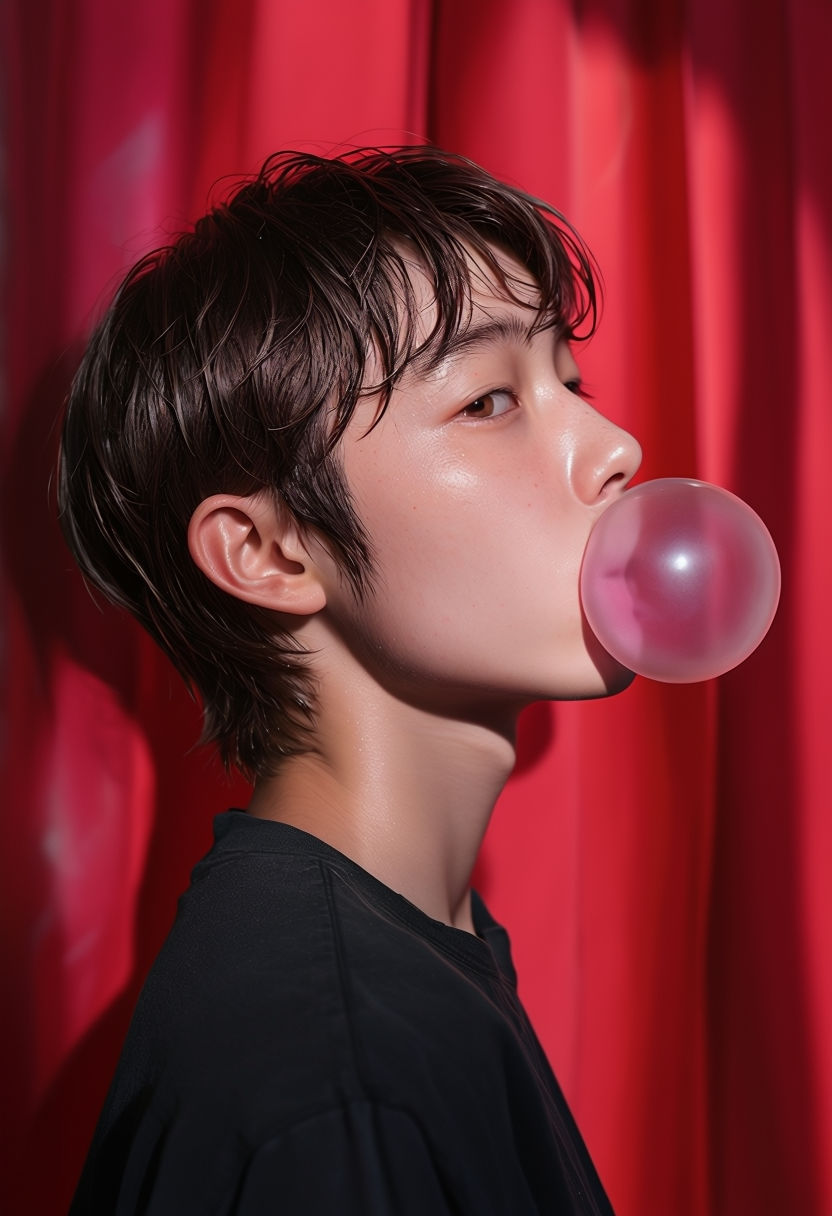 Contemplative Young Individual with Gum Bubble Against Red Background Art