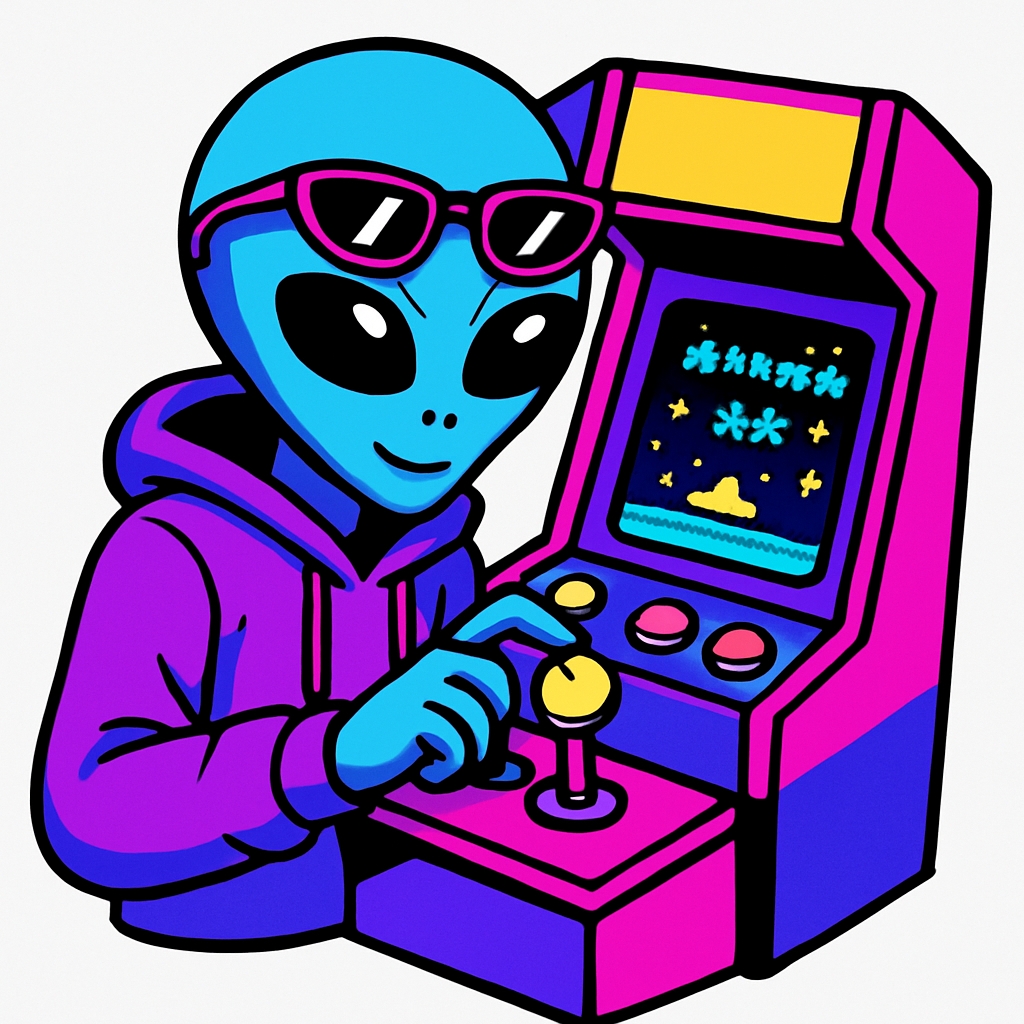 Cool Alien Playing Arcade Game with Neon Colors Sticker