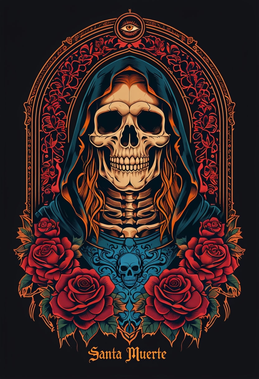 Gothic Santa Muerte Illustration with Roses T-Shirt