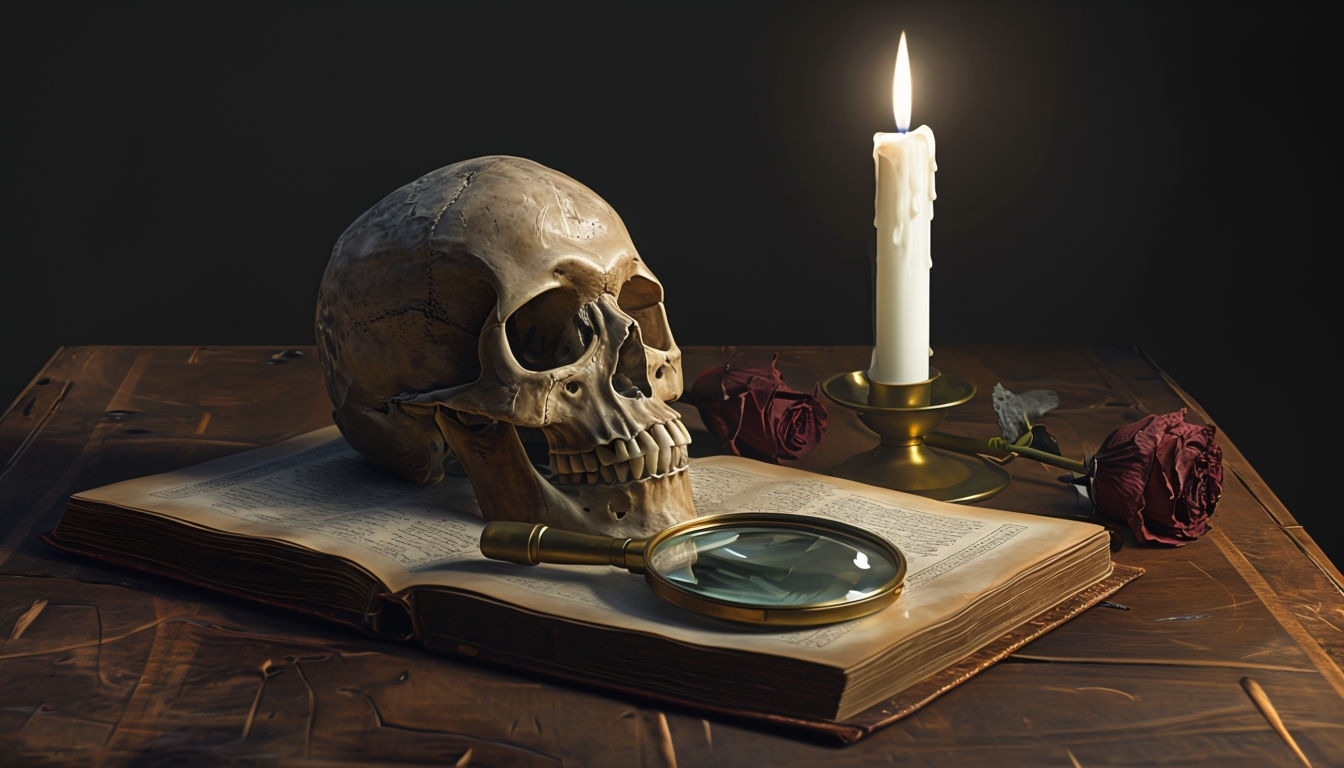 Moody Academia Still Life with Skull and Candle Virtual Background