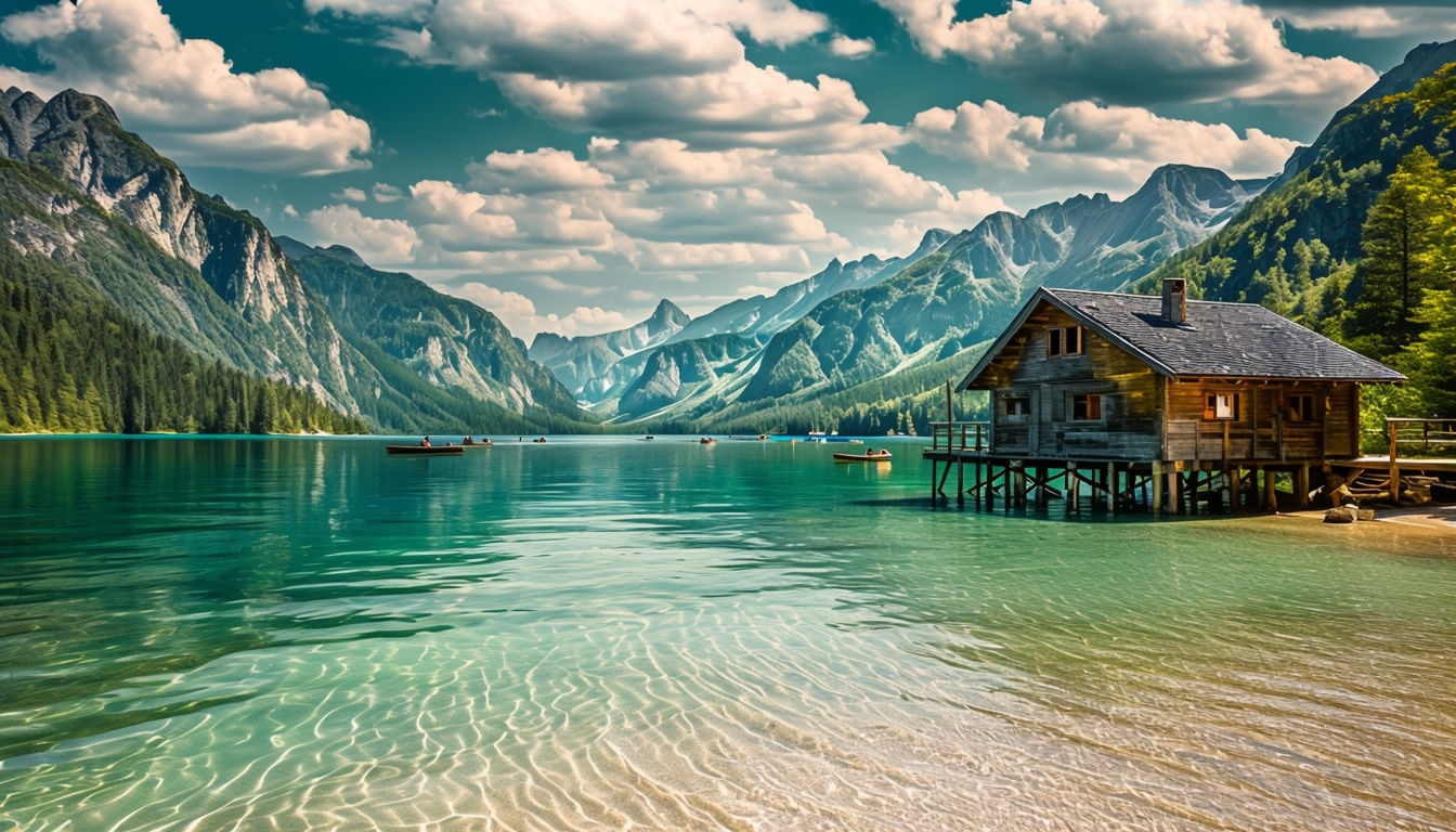 Tranquil Turquoise Lake and Rustic Cabin Virtual Background