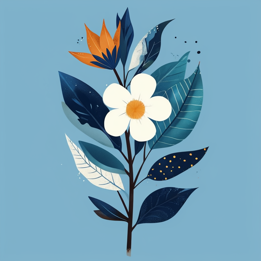 Modern Abstract Floral Illustration on Sky Blue Background