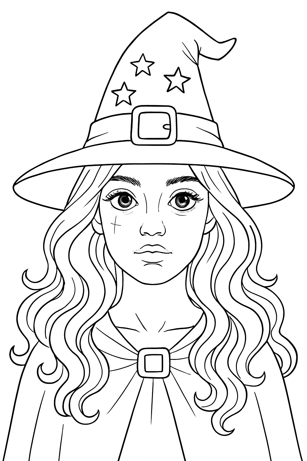 Intricate Witch Illustration with Flowing Hair Coloring Book Pages