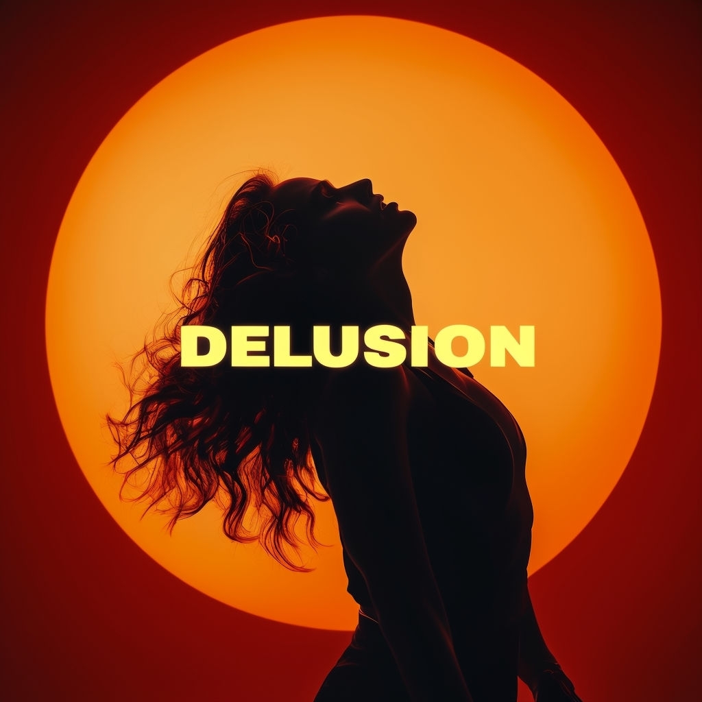 Bold 'DELUSION' Album Cover with Striking Silhouette and Light Spotify Album Cover