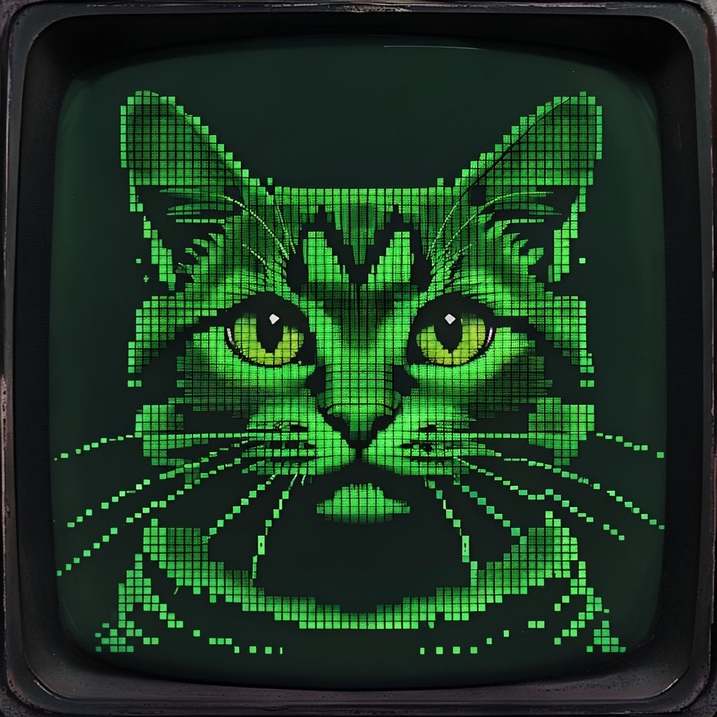 Pixelated Green Cat Face Artwork Inspired by Retro Graphics Art