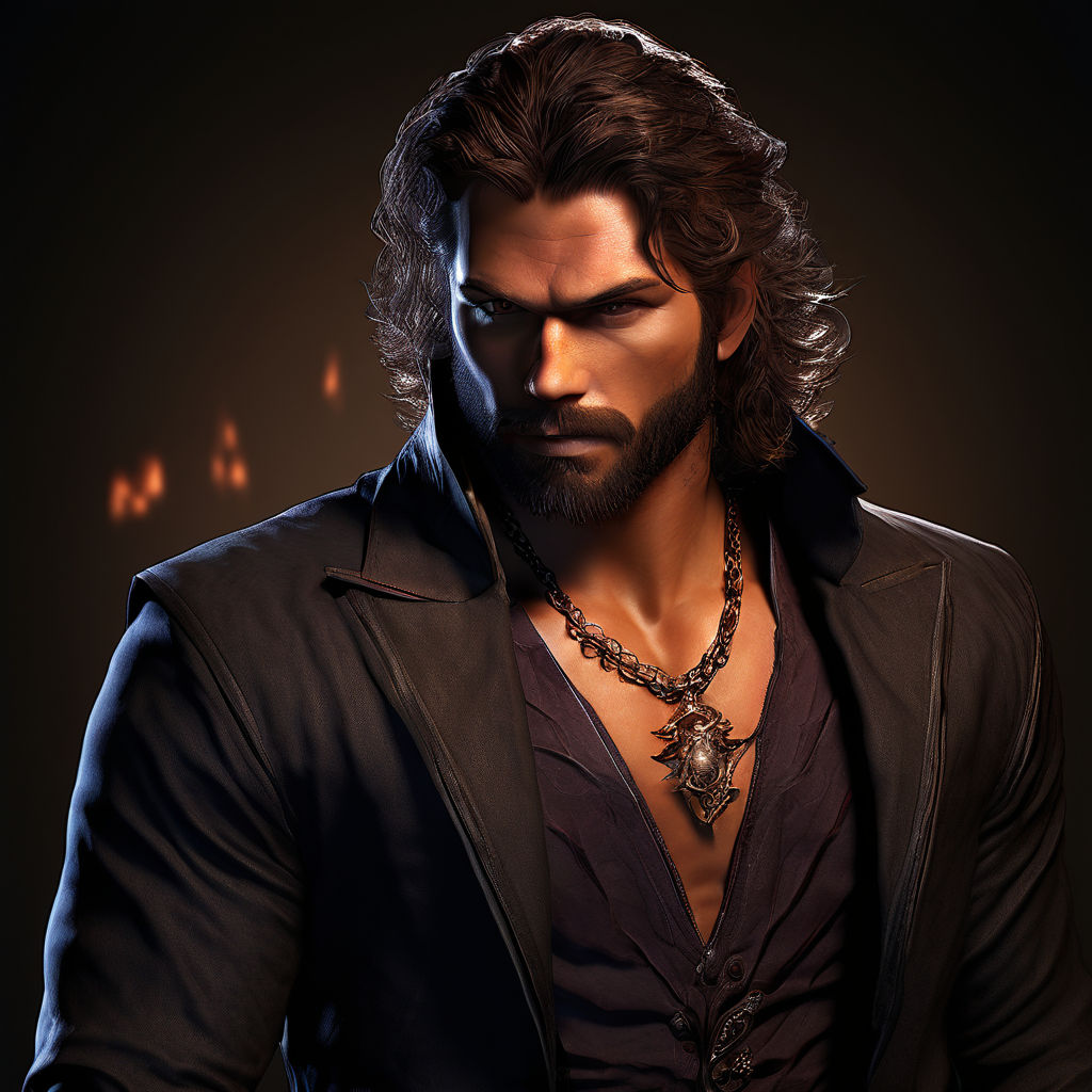 a handsome Latino man long black hair low ponytail short beard brown eyes  giant muscle bronze skin color tone wearing a black button open shirt and a  red brief at the living