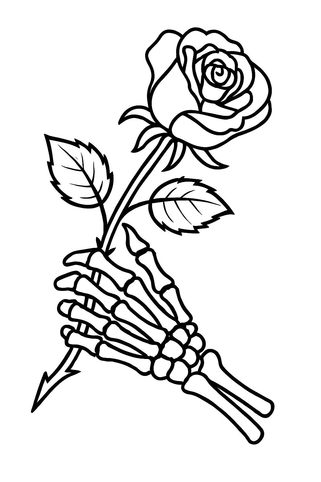 Skeletal Hand Gripping a Rose Intricate Line Drawing Coloring Book Pages