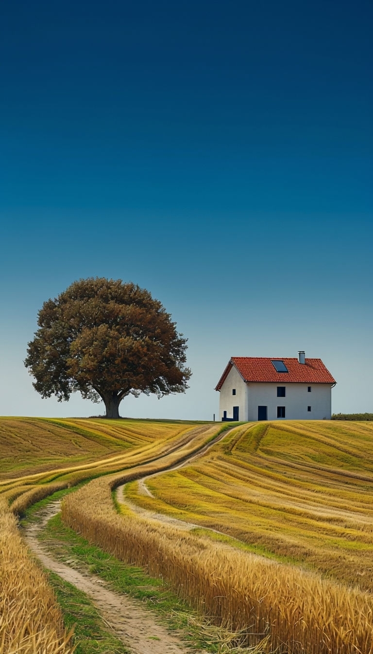 Serene Golden Wheat Field with Tree and House Landscape Mobile Wallpaper