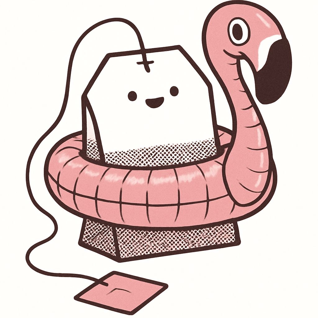 Whimsical Cartoon Tea Bag with Flamingo Float Illustration Mug