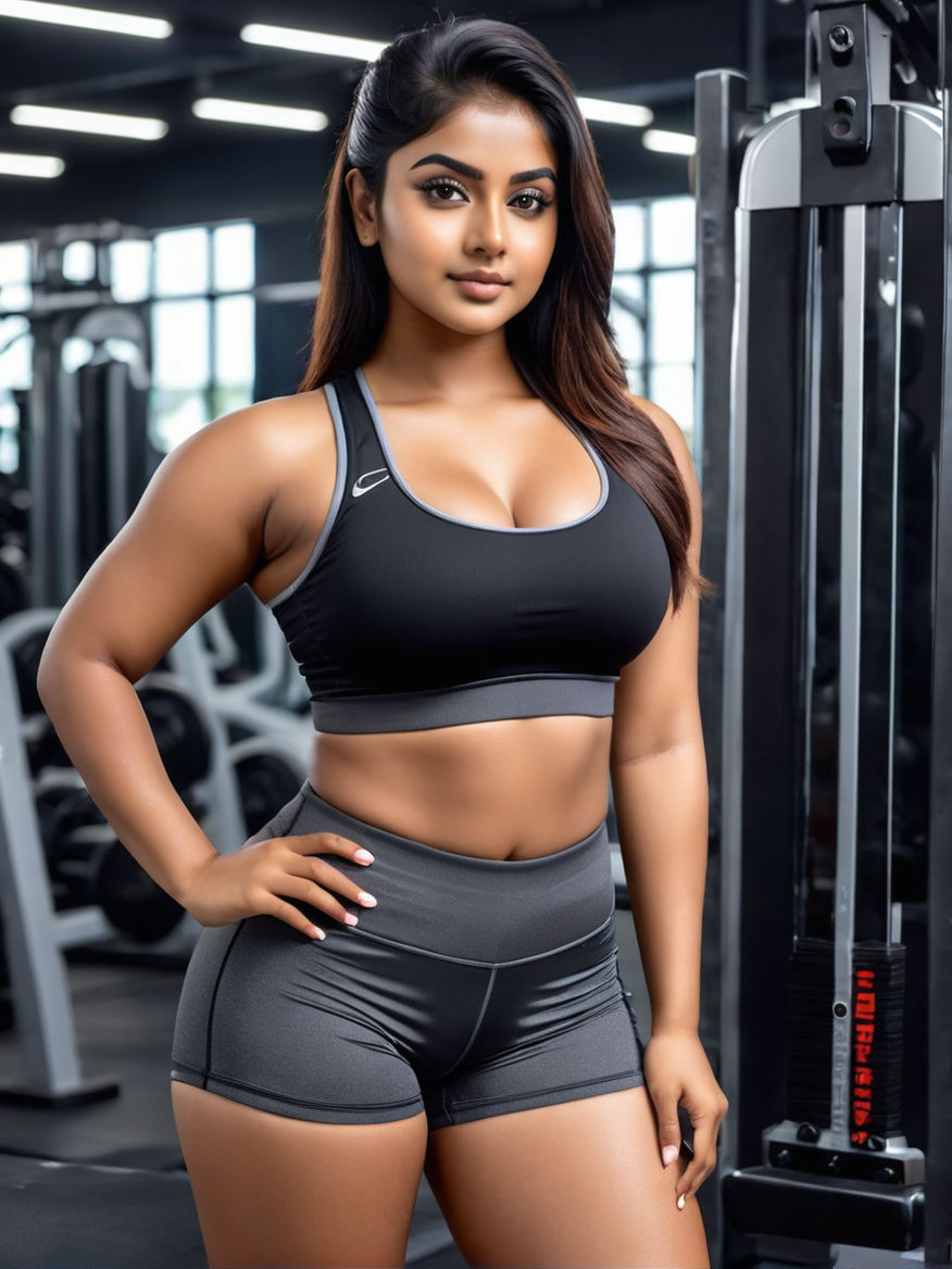 A beautiful Indian woman in sports bra and yoga pants posing for photo