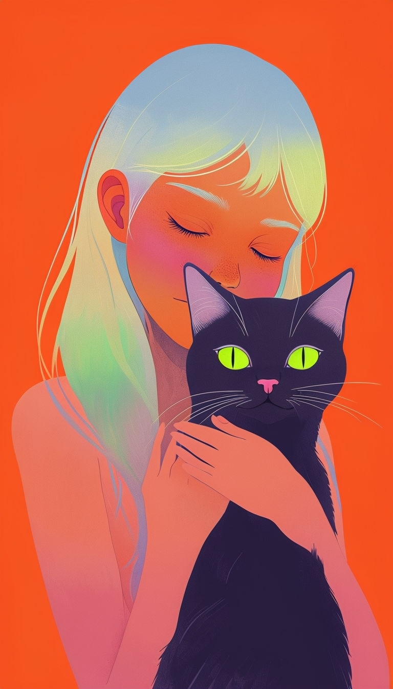 Minimalist Girl with Black Cat Against Vibrant Orange Background Mobile Wallpaper