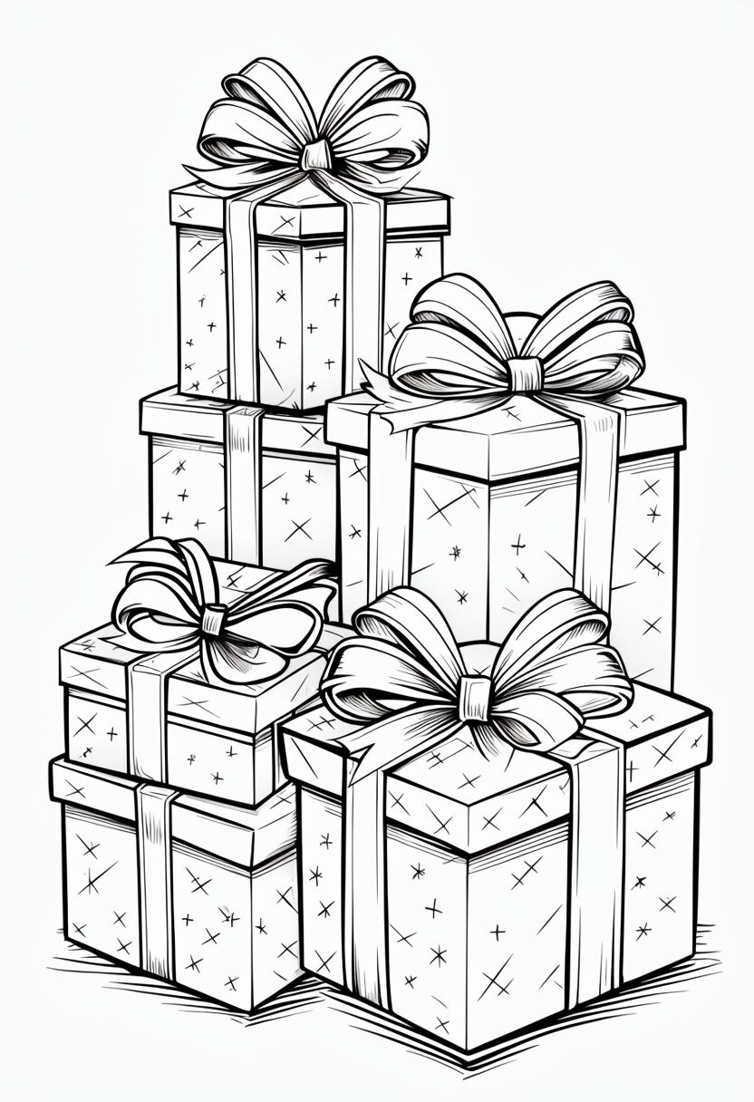 Intricate Black and White Gift Boxes Line Art Design Coloring Book Pages