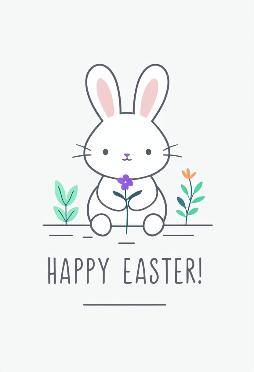 Cheerful Minimalist Bunny Holding Flower for Happy Easter Card