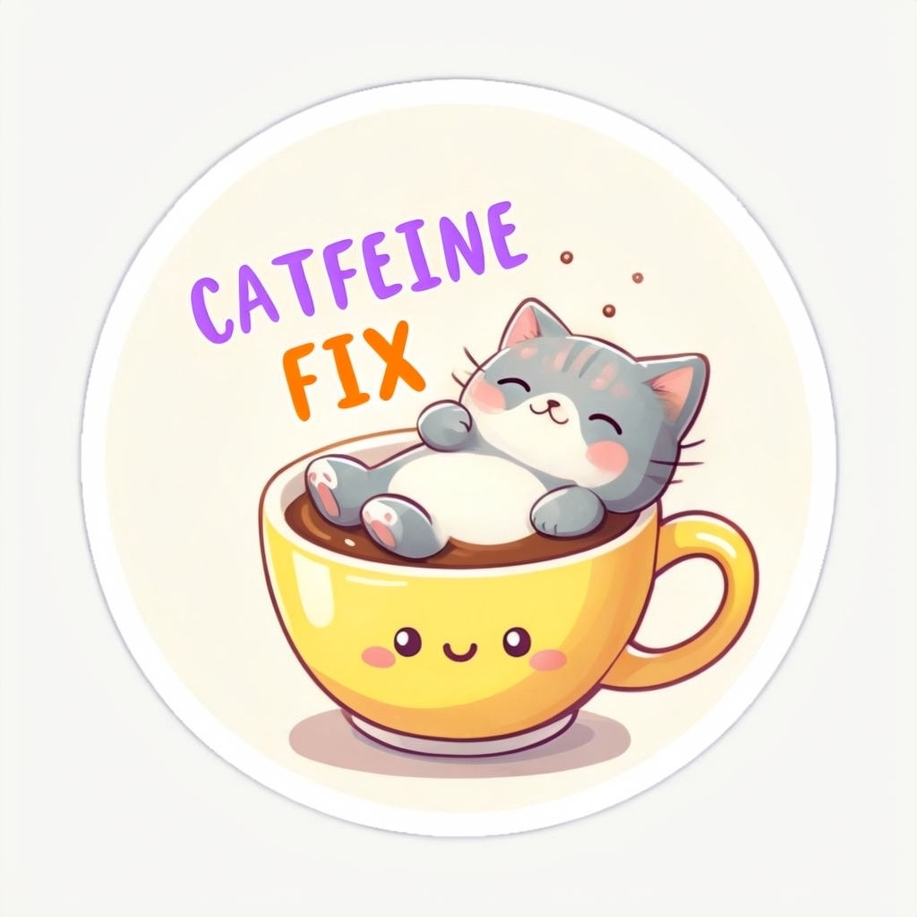 Cute Chubby Cat in Coffee Cup Sticker with Playful Text