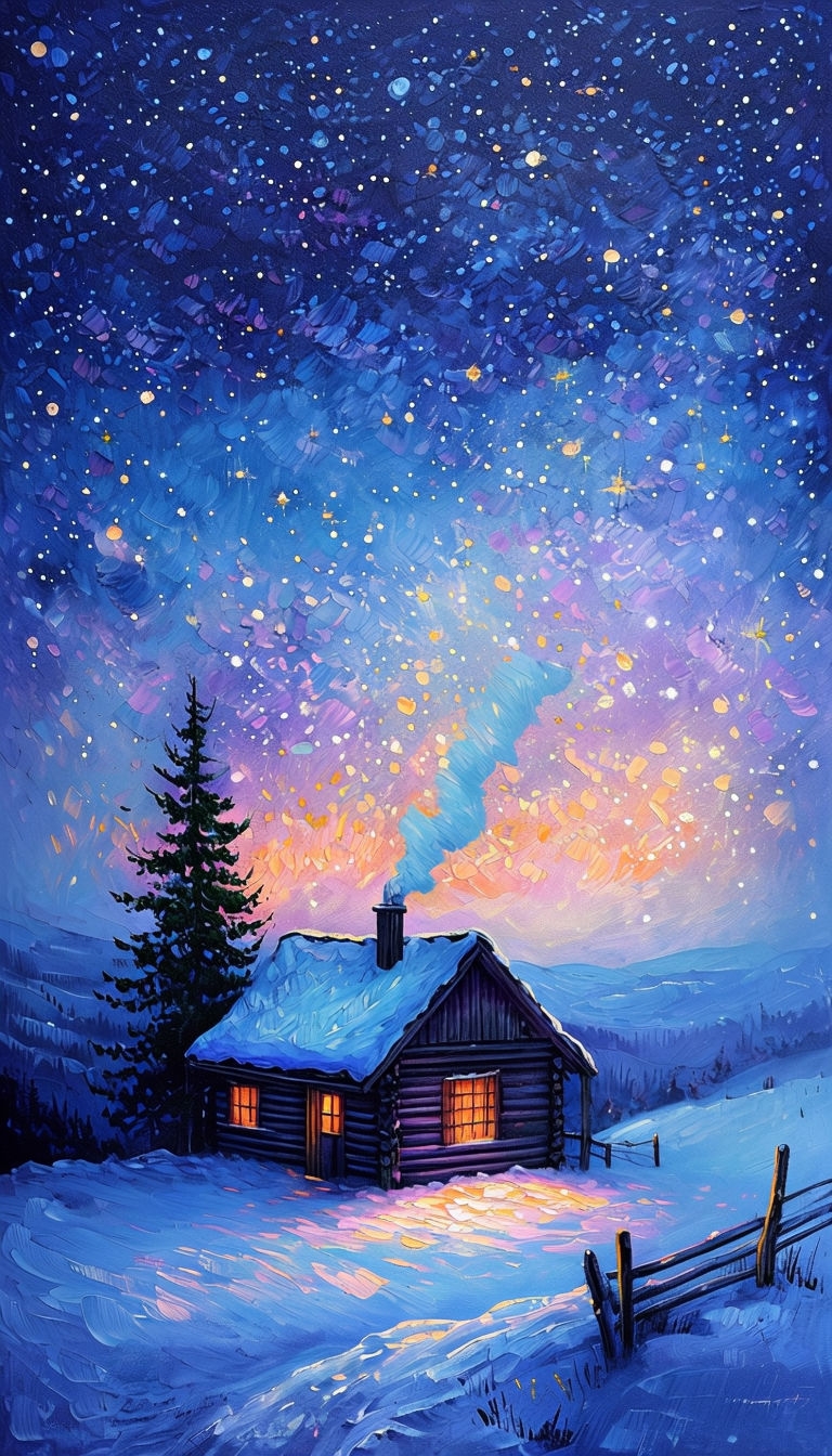Serene Winter Cabin Under Starry Sky Mobile Wallpaper