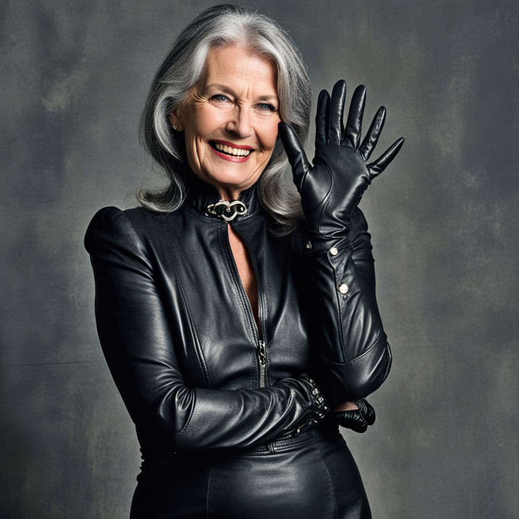 Dominant granny wearing black leather gloves