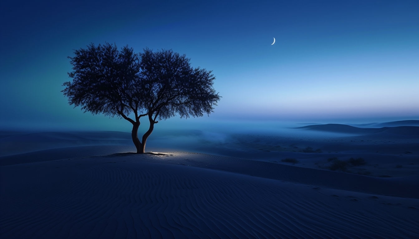 Serene Lone Tree in Dusk Desert Landscape Virtual Backgrounds