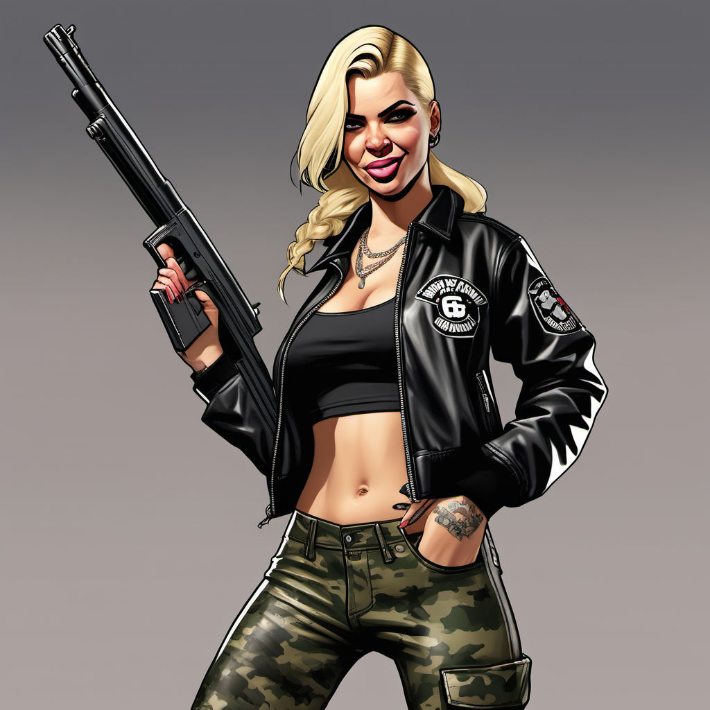 Gta 6 concept art. Gangsta girl holding two uzi submachine guns with  surpressors. She looks like lady punisher. Leather outfit. Blond hair.  Asian eyes. She smiles