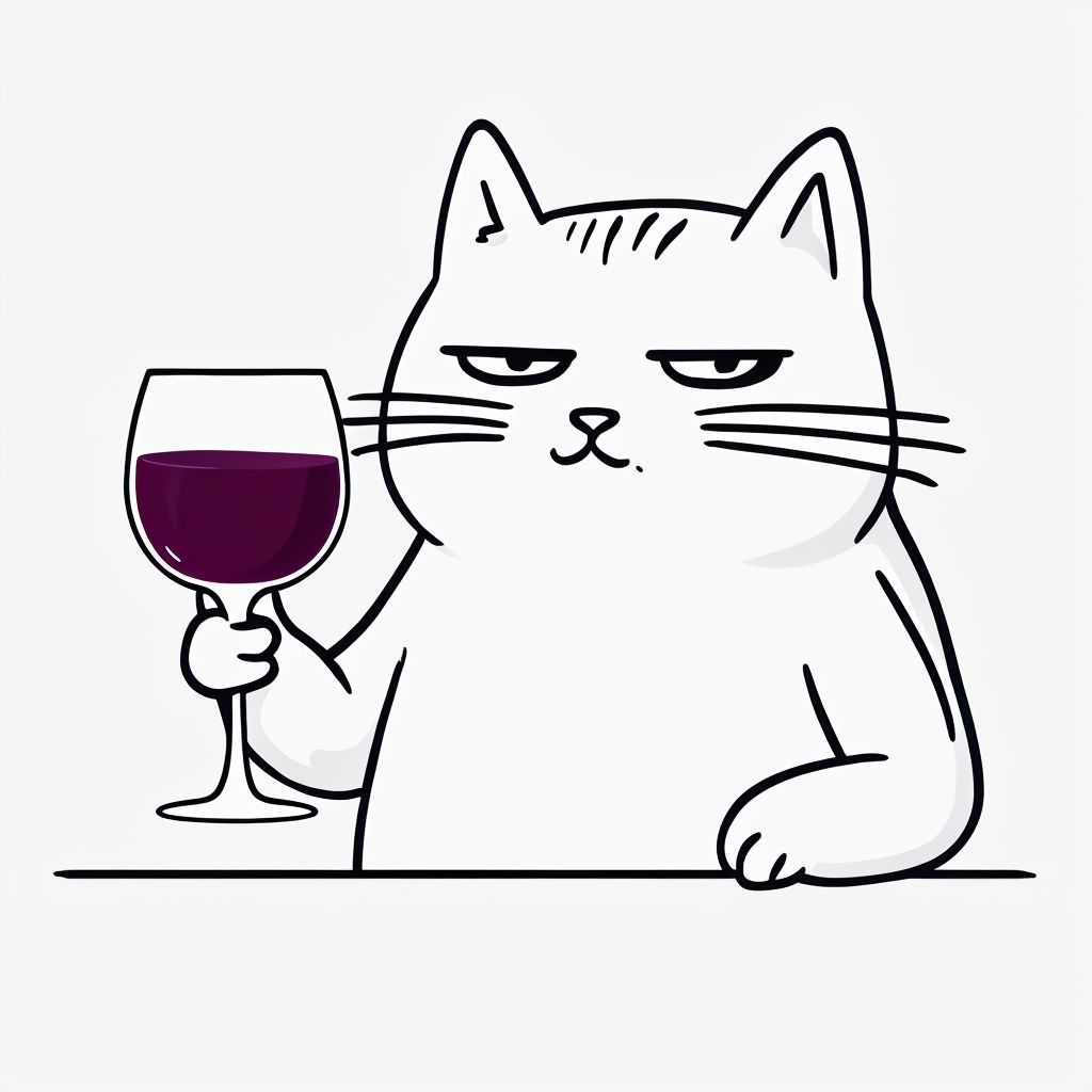 Chill White Cat with Wine Glass Minimalist Cartoon T-Shirt