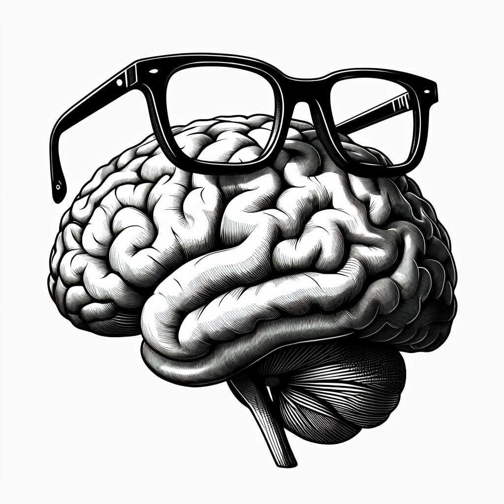 Whimsical Black and White Human Brain Illustration with Glasses Art