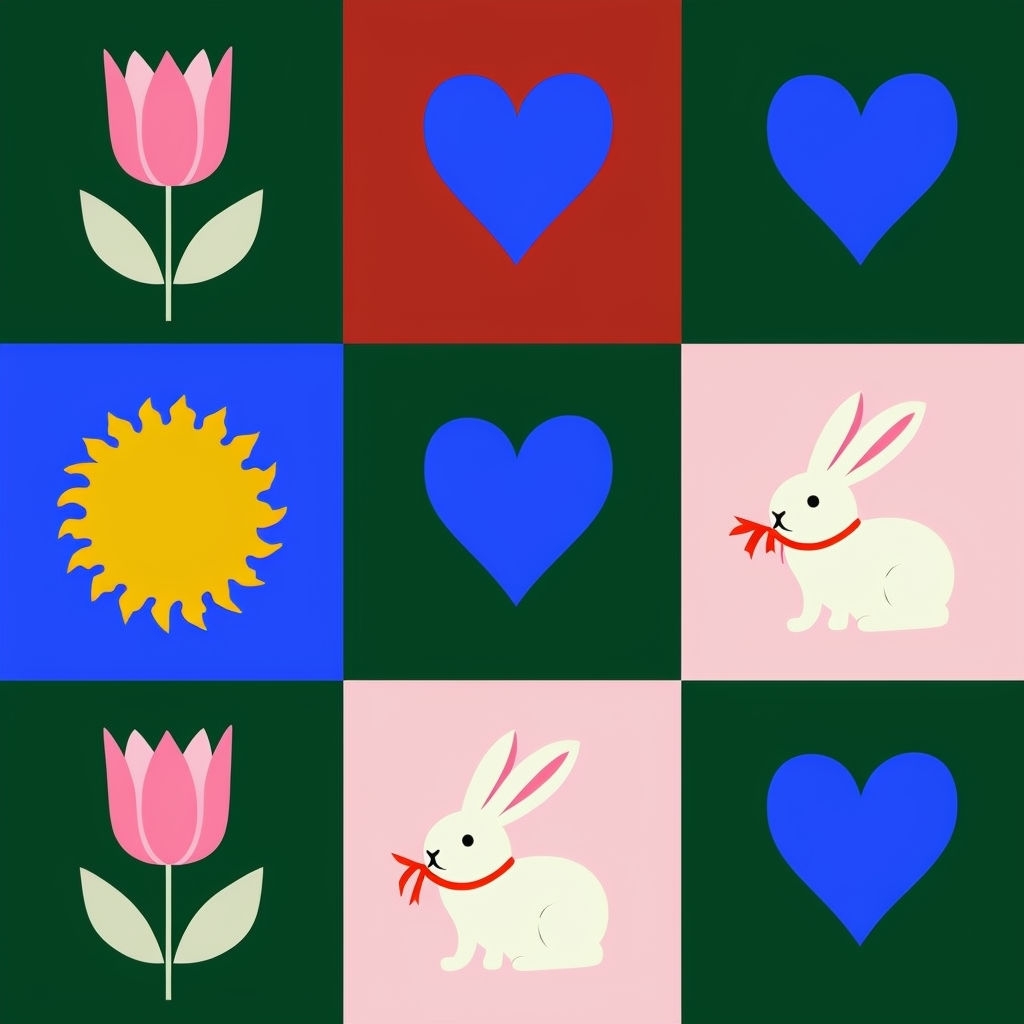 Vibrant Seamless Pattern with Tulips, Hearts, and Bunnies Design Seamless Patterns