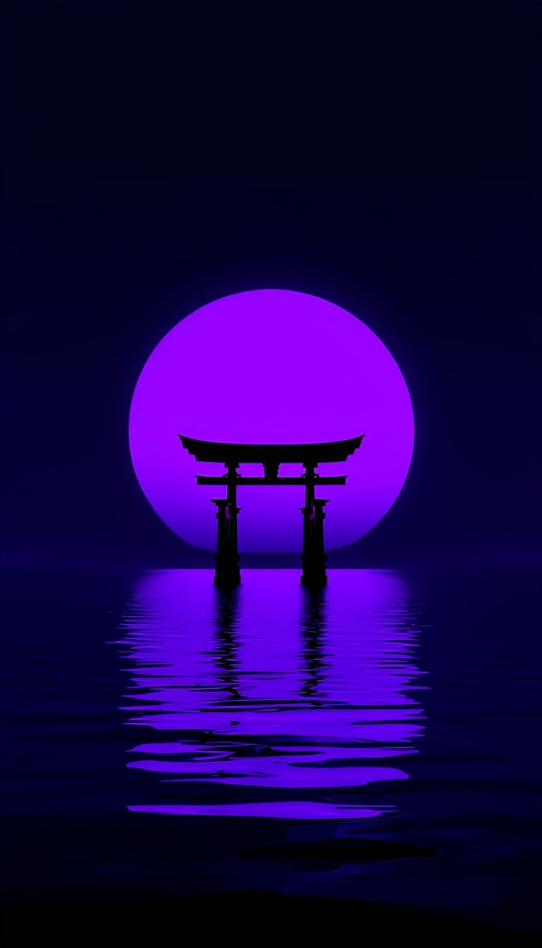 Tranquil Nighttime Landscape with Neon Purple Sun Mobile Wallpaper